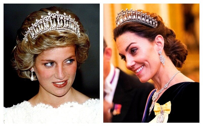 Слева Диана в тиаре Узелки любви. Серьги Коллингвуд. Справа Кейт в той же тиаре. Фото из открытых источников/коллаж автора