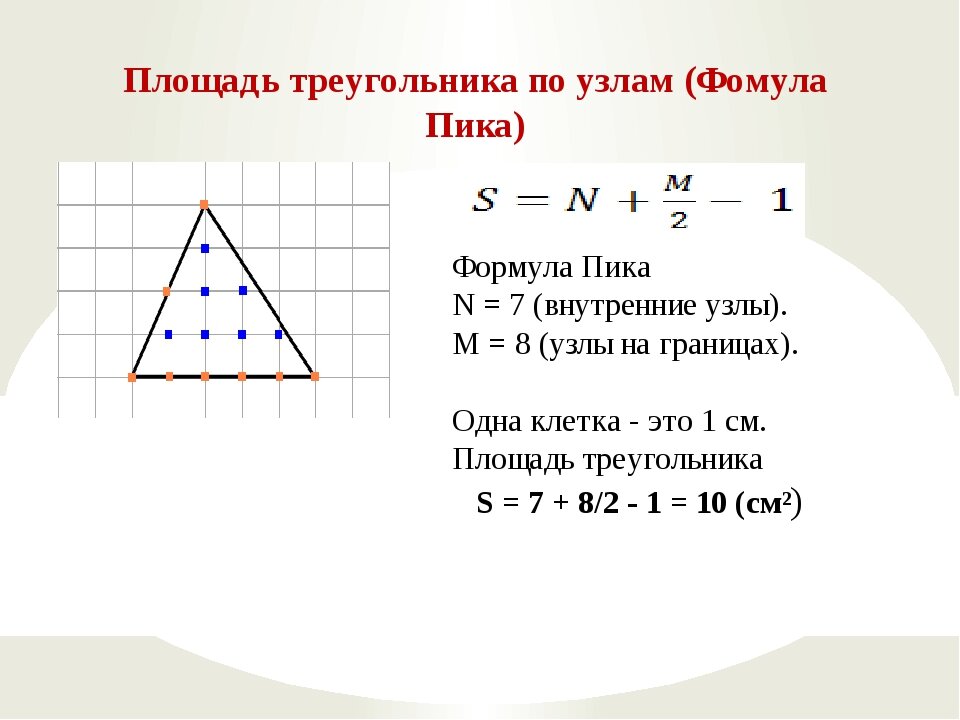 Сколько клеток составляет площадь треугольника задача 1. Теорема пика формула площади треугольника. площадь треугольника по формуле пика. формула нахождения площади треугольника по узлам. площадь треугольника по узелкам.