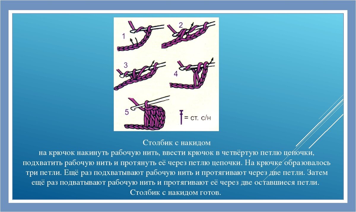 Столбик с накидом крючком как вязать. Столбик с накидом крючком. Столбик с накида крючком. Петля с накидом крючком. Столбик с одним накидом крючком.