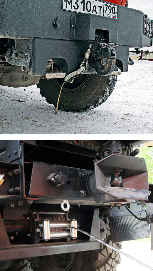 Передний фаркоп смонтирован на дополнительном подрамнике. Задняя электролебедка рассчитана на тяговое усилие 8 тонн