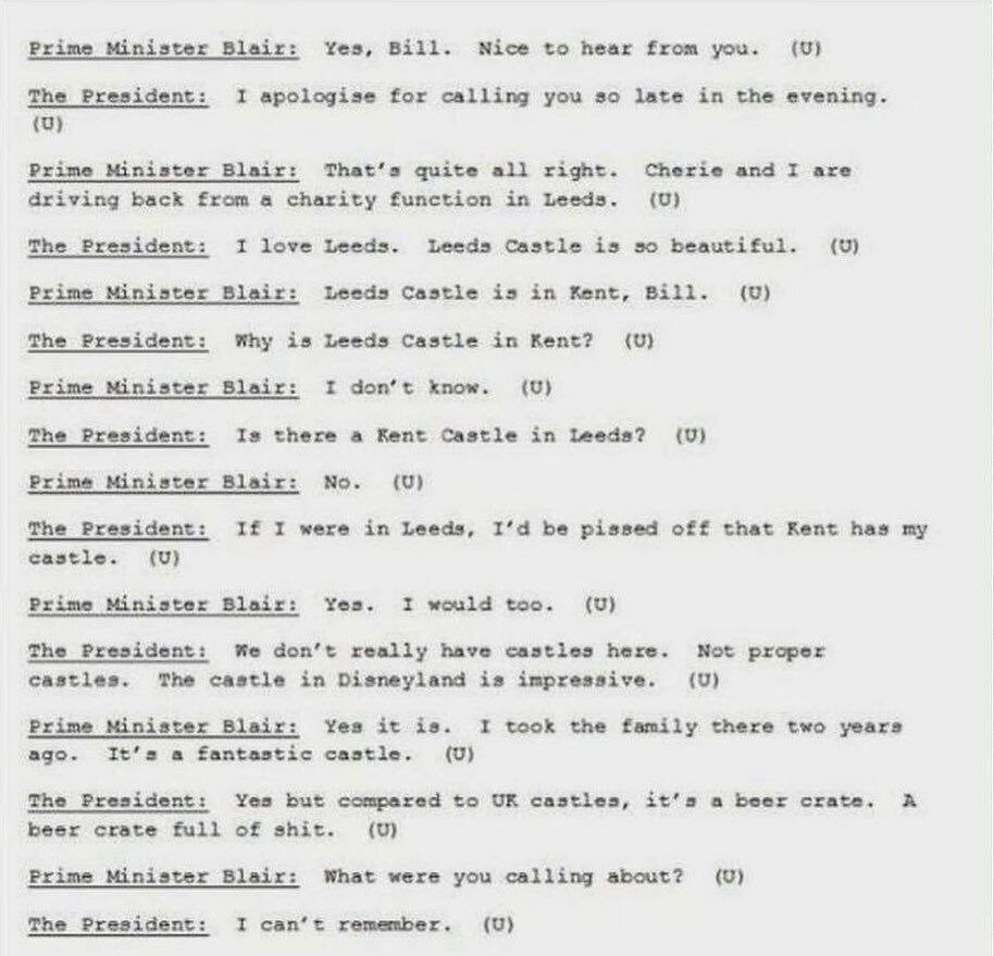 Расшифровка телефонного разговора между президентом США Биллом Клинтоном и Премьер-министром Великобритании Тони Блэром. Фрагмент подлинный.