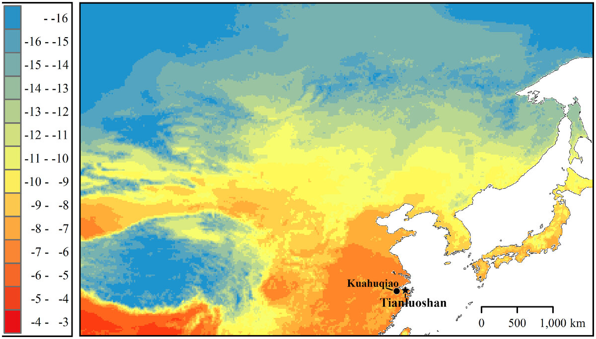 Распределение тяжелого изотопа кислорода в восточной части Азии. (c) PNAS