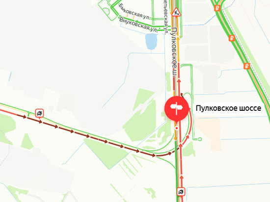     затор в сторону города из Пулково растянулся почти на пять километров. Фото: скриншот сервиса "Яндекс.Карты"