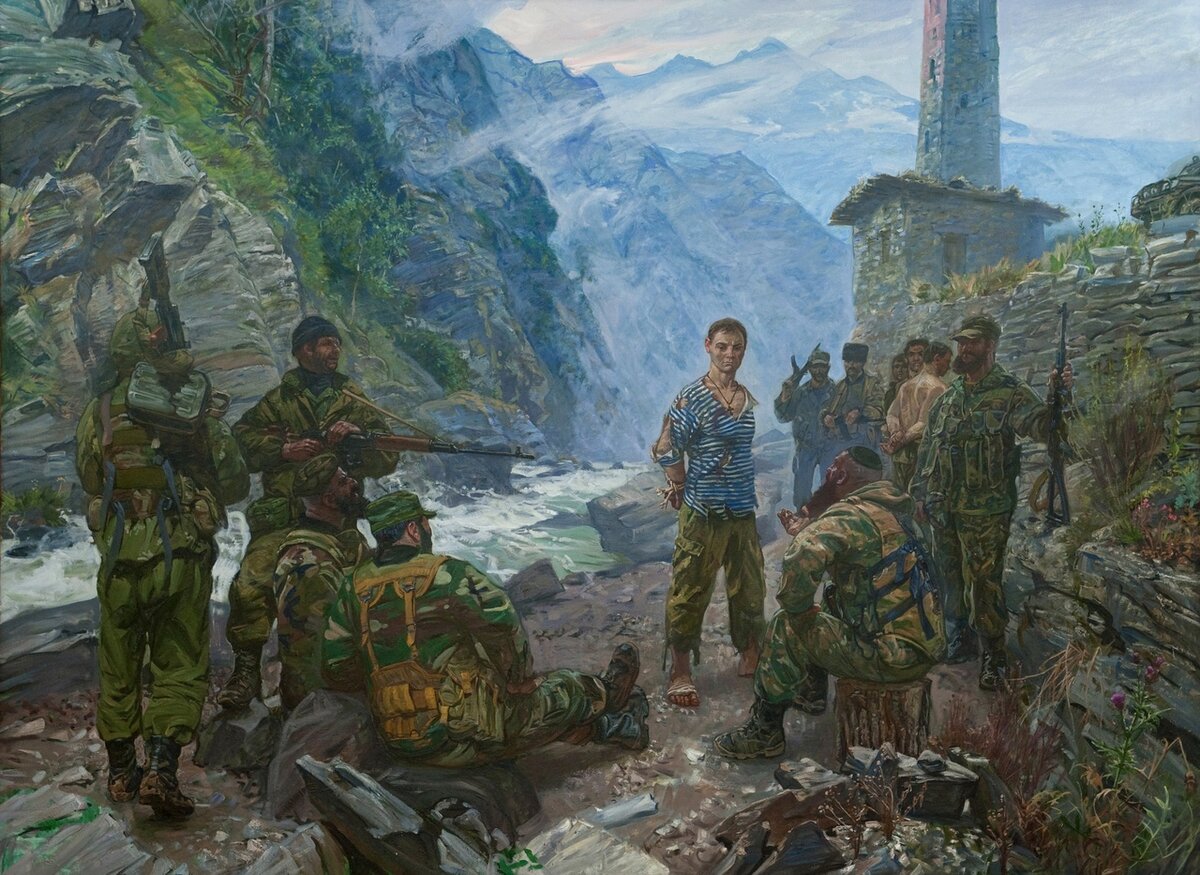Уверен, что Вам не раз попадалась эта картина, рассказывающая о подвиге рядового пограничных войск РФ Евгения Александровича Родионова (1977-1996).