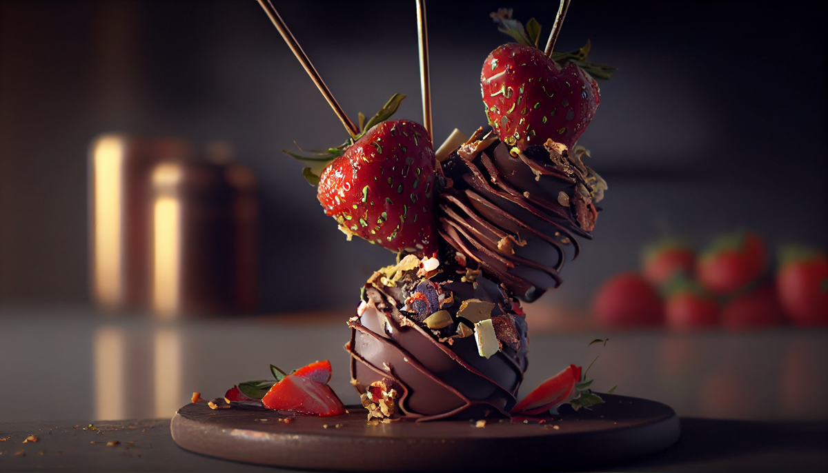 Автор: MidJourney, по описанию: Chocolate-dipped strawberry skewers with crushed pistachios, unreal engine 5, --ar 16:9