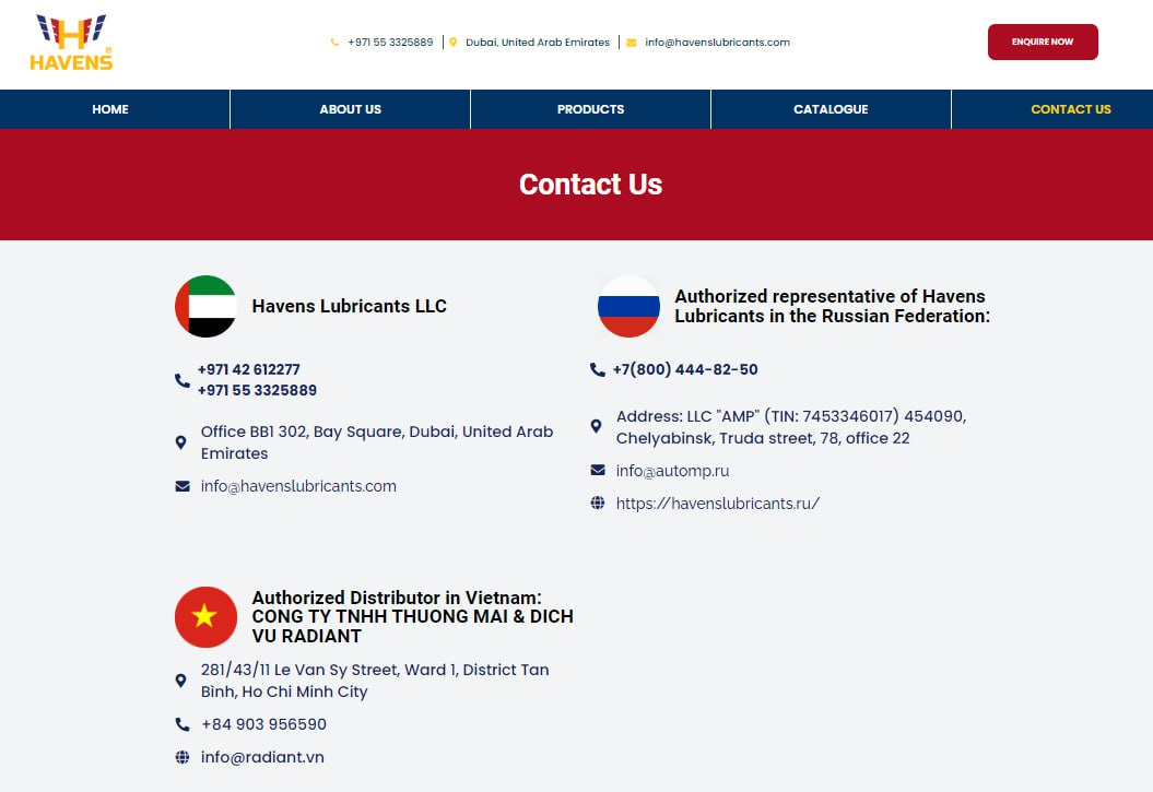 Страница официальных представителей бренда на оригинальном сайте havenslubricants.com