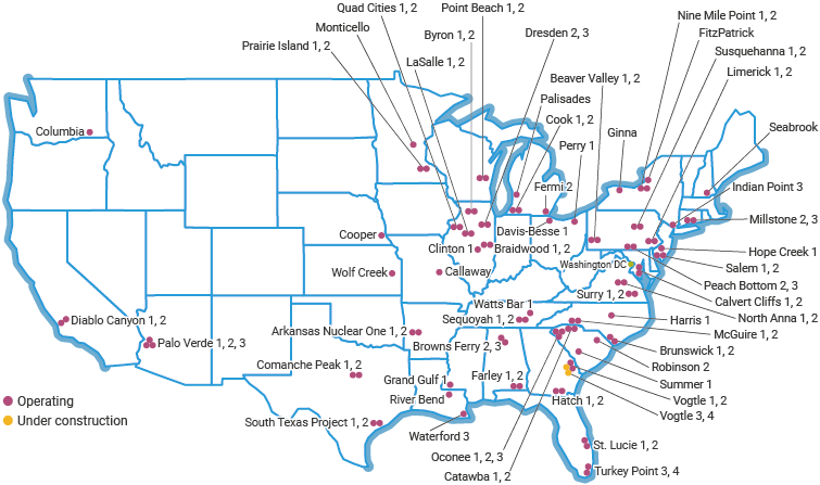 Расположение действующих АЭС в США