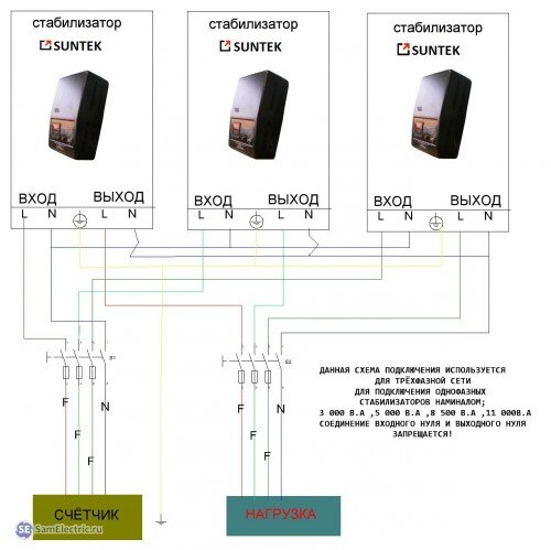 Схема подключения стабилизаторов для трехфазной сети 