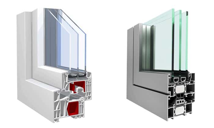 И з-за того, что ПВХ не очень жёсткий материал пластиковые окна чуть шире в створках, рамах и импостах из-за этого алюминиевые окна смотрятся более тонкими и стильными.