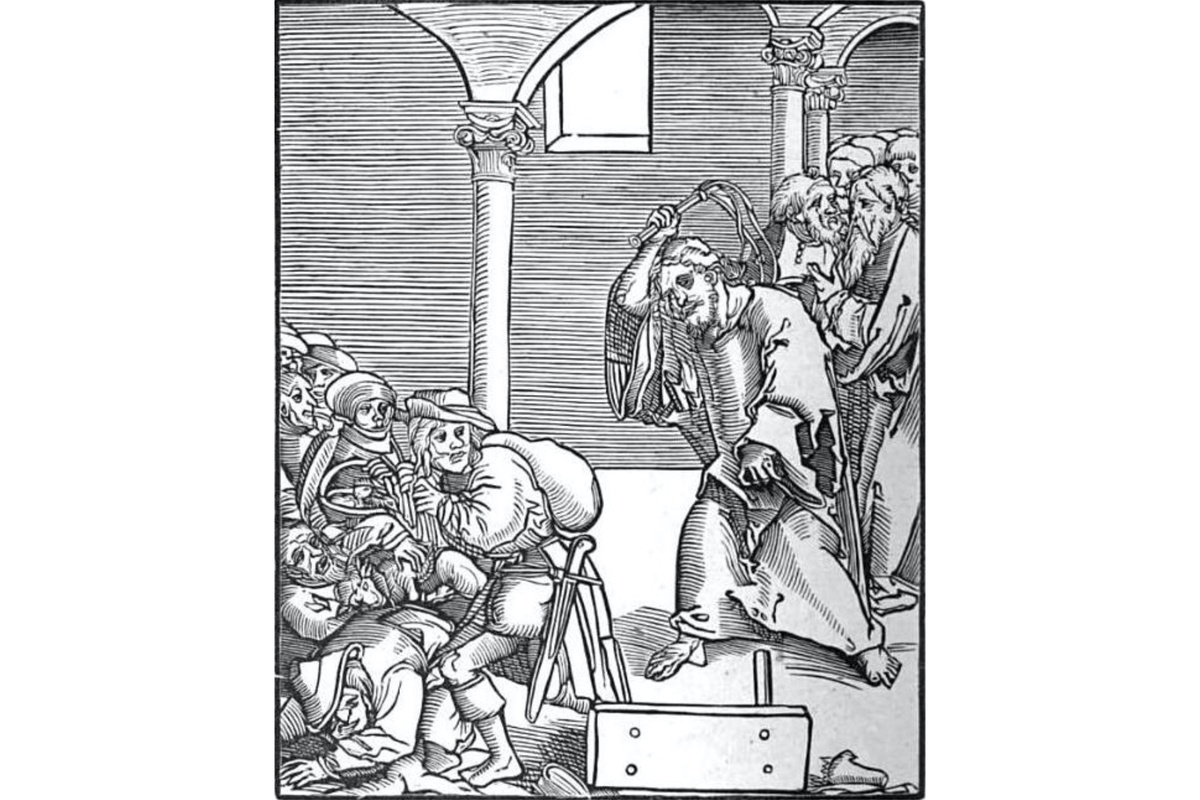Иисус, изгоняющий ростовщиков из храма, гравюра Лукаса Кранах