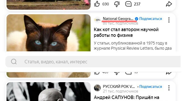 Скрин Ленты Дзена. National Geografic - интересный сайт, вот только к Дзену он отношения не имеет, это не авторский материал Дзена; если я захочу посмотреть Нэшнл Джиографик, я сам могу сходить на его сайт, а в Ленте Дзена он мне зачем ? Посему- выкидываю его из Ленты.