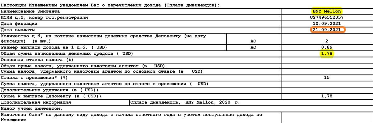 из отчета брокера