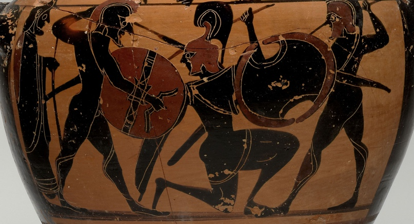 Изображение спартанских воинов на древнегреческой вазе 