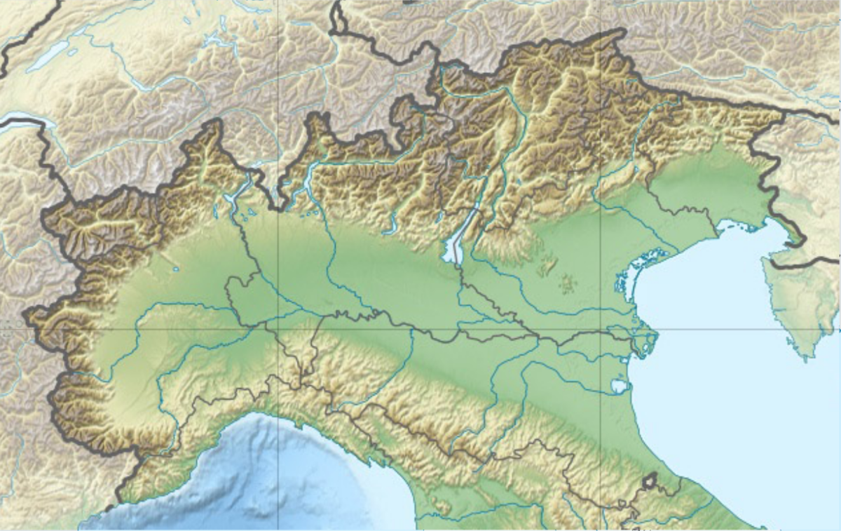 "North Italy relief location map" by Italy_relief_location_map.jpg: Eric Gaba (Sting - fr:Sting) and NordNordWestderivative work: Kmusser (talk) - This file was derived from: Italy relief location map.jpg:. Licensed under CC BY-SA 3.0 via Commons - 