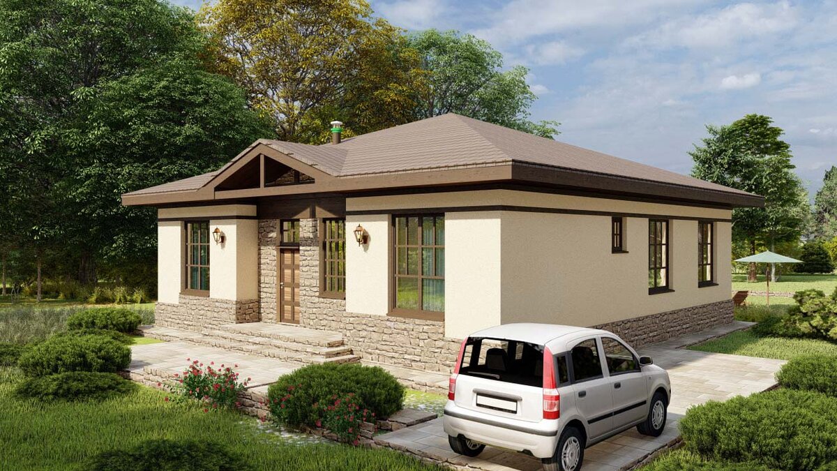 Стены оштукатурены, цоколь облицован, фасад по верху украшен молдингом контрастного цвета, в тон с оконными рамами и подшивкой кровли. Лаконично и эффектно.