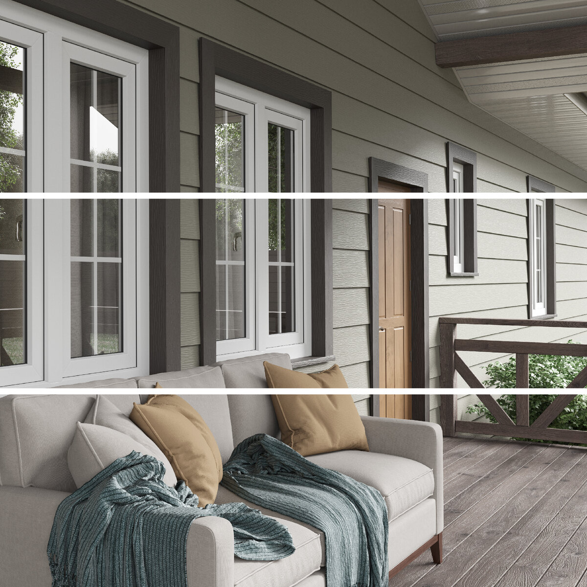 На фото фасадная система скандинавская доска широкая с факутрой дерева в цвете серый мох матовый (RAL7003)