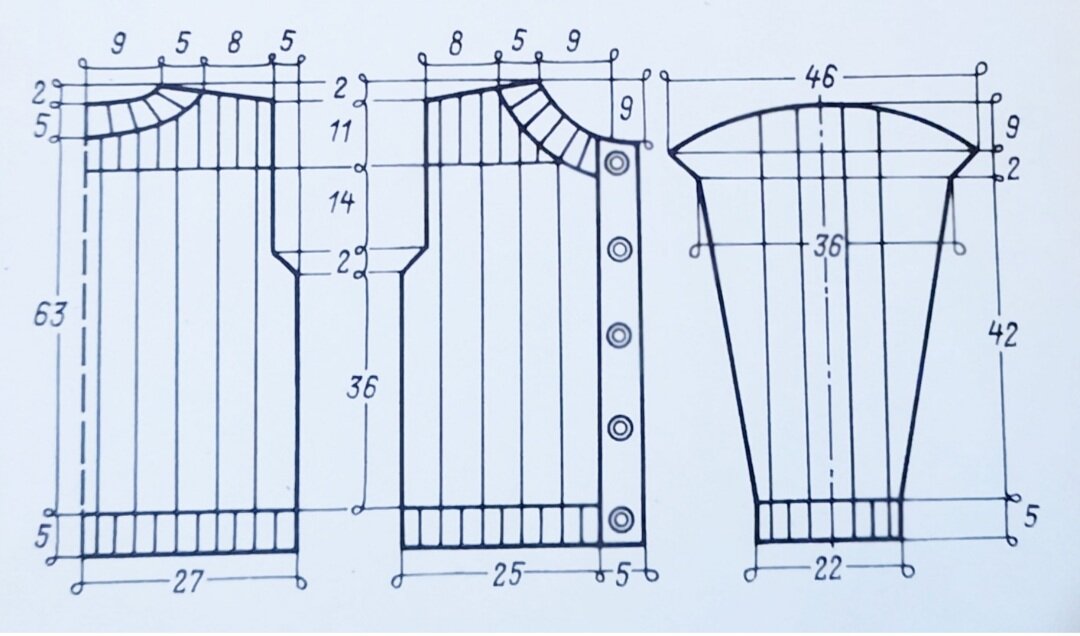     Размер жакета (52 - 54), шерсть 800 гр.белой пряжи в 11 нитей, спицы 2,5;3;3,5;4. Резинка 2×2, основной узор 2×9 СПИНКА. Набрать необходимое число петель спицами 4 и связать 5см резинкой 2×2.-2
