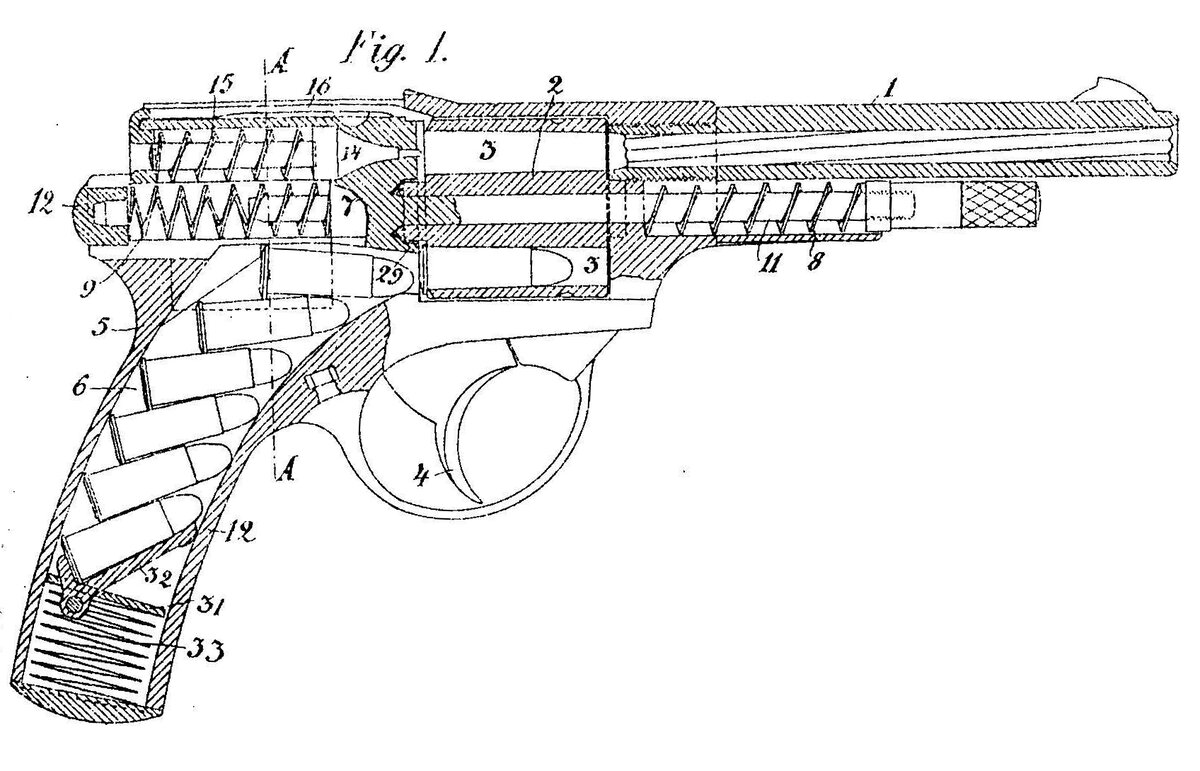 Продольный разрез револьвера: 1- ствол, 2 - барабан, 3 - зарядные каморы, 4 - спусковой крючок, 5 - рамка, 6-патрон, 7 - направляющий стержень затвора, 8 - спиральная пружина, 9 - возвратная пружина, 11 - направляющий стержень, 12 - рамка, 14 - ударник, 15 - пружина ударника, 16 - выбрасыватель
