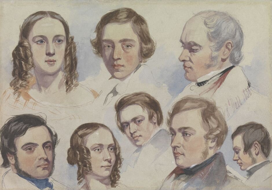 Richard Dadd (1817–1886), Family Portraits (1838) Зарисовки семейства Даддов. Справа наверху отец, остальные - братья и сестры. Где-то среди этих изображений автопортрет Ричарда Дадда.  https://eclecticlight.co/2017/07/10/richard-dadd-1-family-and-faeries/