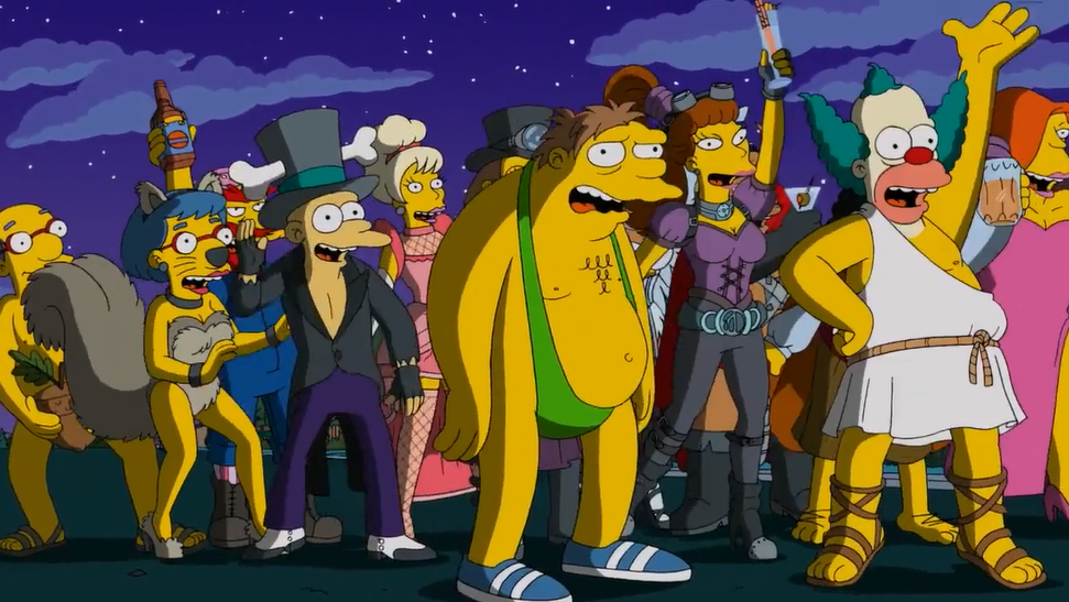 Вот, например, горожане отмечают Хеллоуин, одеваются откровенно, позволяют себе больше обычного, но у них есть для этого повод, плюс делают это уже после окончания "детского" Хеллоуина //Симпсоны (The Simpsons), s27e04 © 20th Century Fox Film Corporation