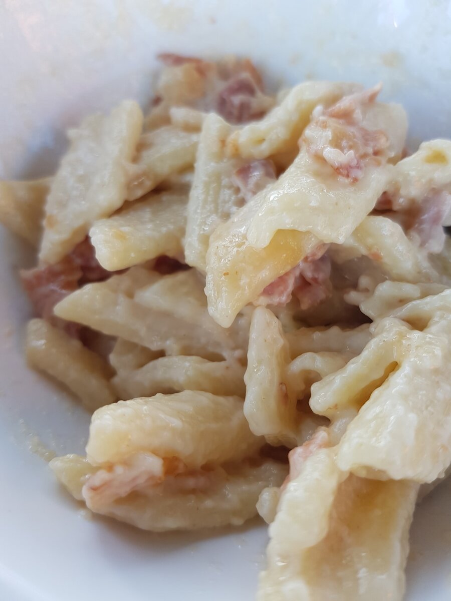 Конечно, куда же без пасты! Это простое и разнообразное в своих вариациях блюдо отлично  подойдёт для  морских путешествий.  На фото Карбонара ( паста, сливки, лук, бекон и немного специй и муки)  Время приготовления  30 минут. 