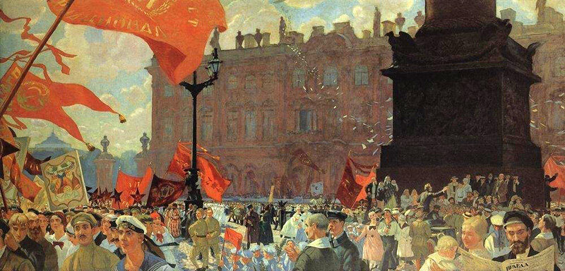 Фестиваль II Конгресса Коминтерна на площади Урицкого (бывшая Дворцовая площадь) в Петрограде. Художник Борис Кустодиев. Фоторепродукция из открытых источников.
