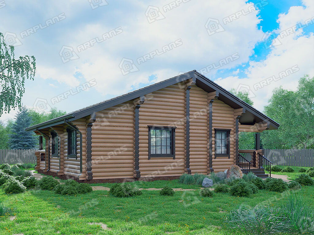 Фото 2 одноэтажного деревянного дома из бревна с 3 спальнями, и террасой. Жилая площадь 100 кв м. Источник arplans.ru Проект ДО-122