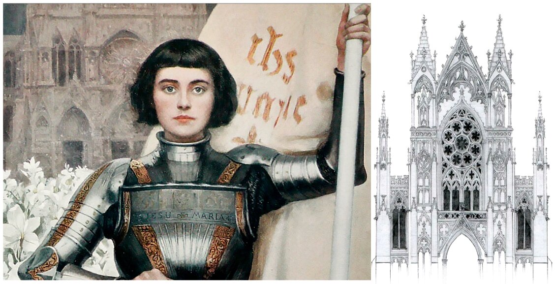 Жанна д'Арк со знаменем в руке на фоне Собора Парижской Богоматери, также Нотр-Дам-де-Пари (фр. Notre-Dame de Paris)