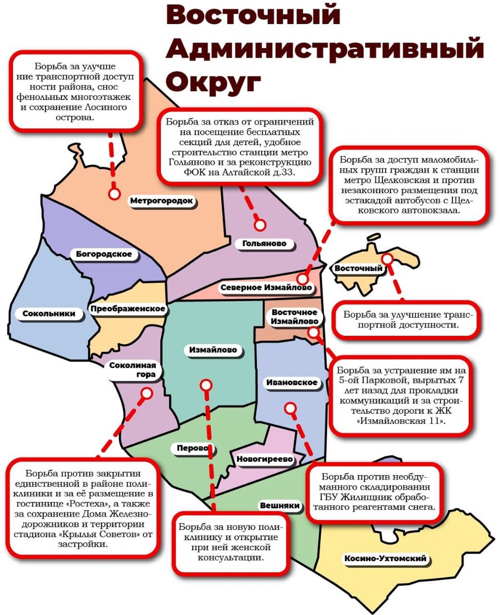 Карта больных точек ВАО - проблем, по которым поступает наибольшее количество обращений в Народную приёмную депутатов КПРФ в ВАО.