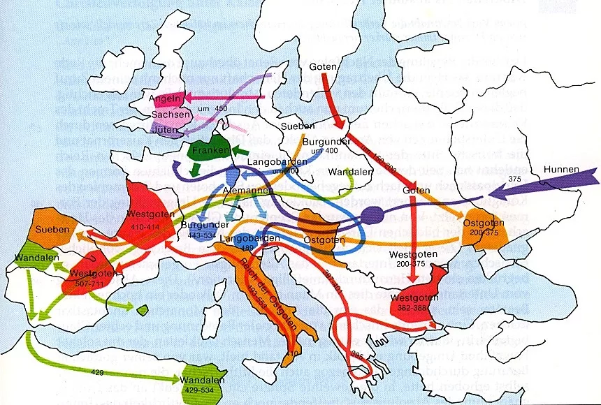 Миграция западной европы. Великое переселение народов германцы карта. Карта Европы переселение народов. Великое переселение народов карта расселение народов. Великое переселение народов Гунны карта.