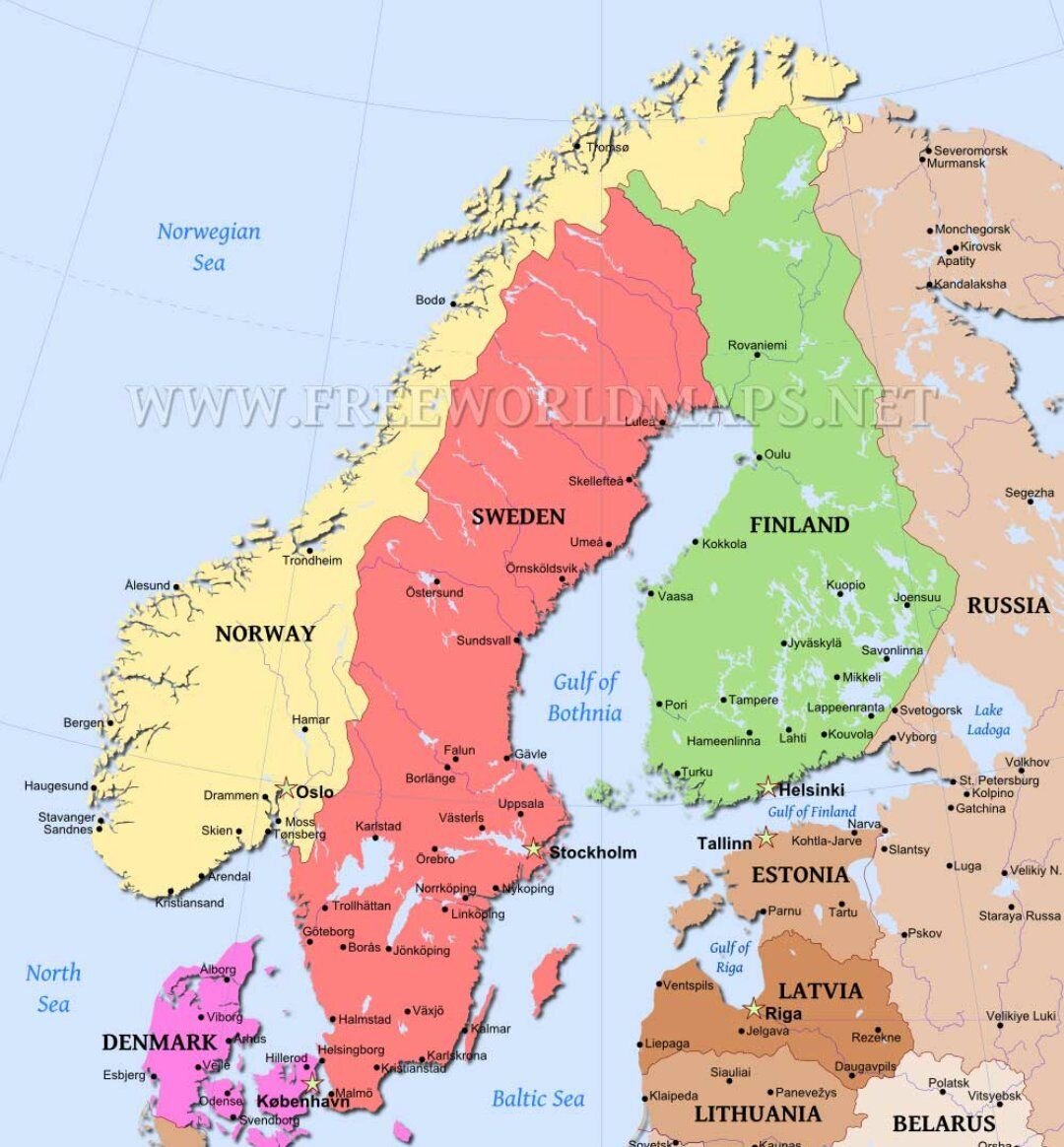 Какие страны находятся на скандинавском полуострове. Карта стран Скандинавии на русском языке. Северная Скандинавия на карте.