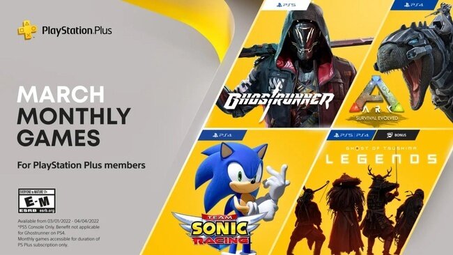 Ghostrunner [PS5], Ghost of Tsushima: Legends, Ark: Survival Evolved, Team Sonic Racing [PS4]