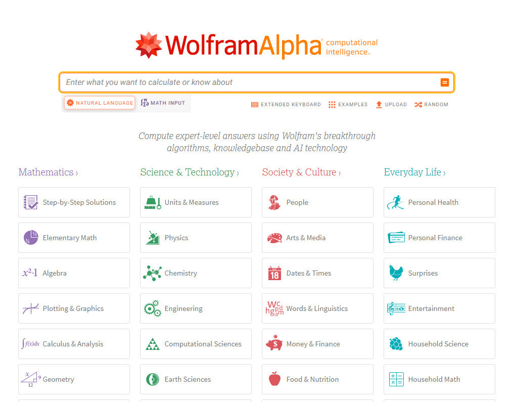 Главное окно Wolfram|Alpha