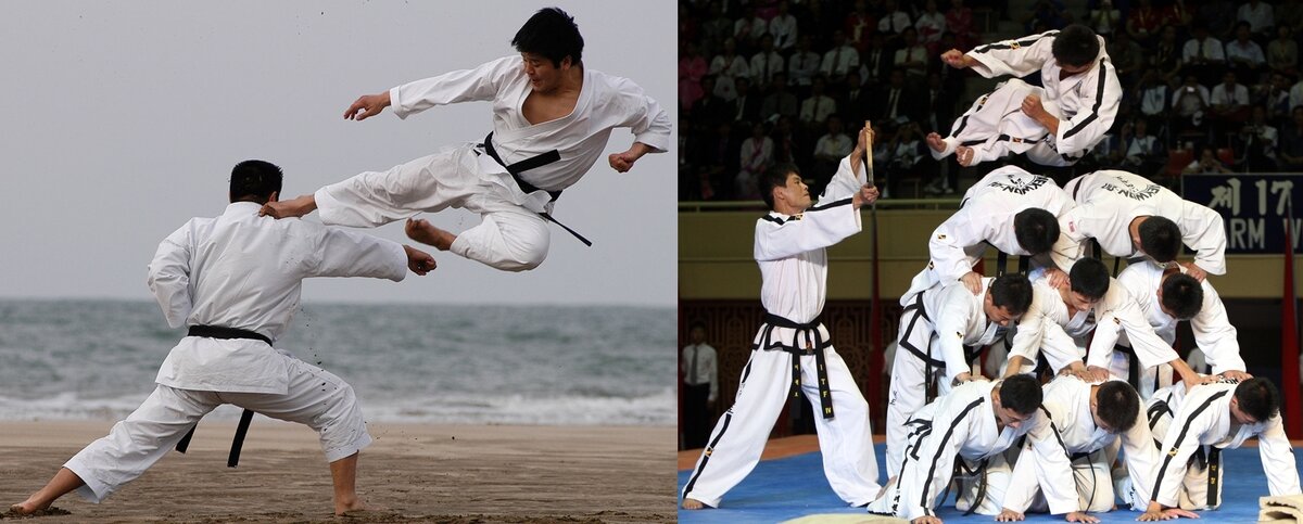 Боковой удар ногой в прыжке: слева ёко тоби гери - каратэ Шотокан, справа тимьё ёп чаги - таеквондо ИТФ (фото взято из открытых источников)