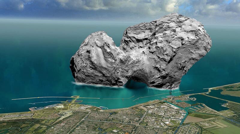 Сравнение размеров ядра кометы Чурюмова — Герасименко и города Лос-Анджелес