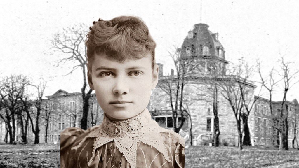 Нелли Блай на фоне психиатрической больницы 