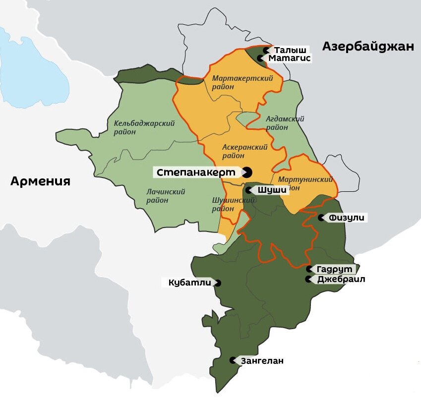 Нагорно-Карабахская Республика после 9 ноября 2020 года (выделена оранжевым цветом)