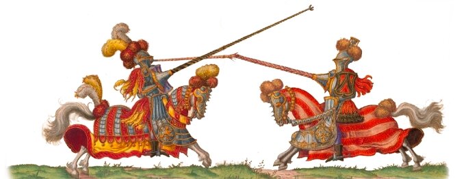 Сражение на копьях. Иллюстрация из средневекового альбома рыцарских поединков 