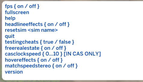 доступные коды в Симс 4 после введения команды "Help"