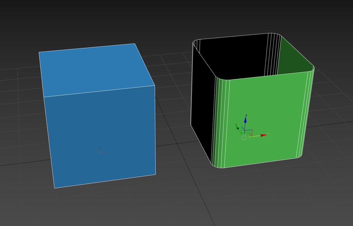 Слева примитив Box, справа объект сделанный через сплайн без верхней крышки для наглядности примера.