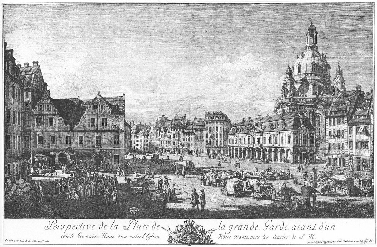 Бернардо Беллотто. Площадь Нового рынка в Дрездене. Гравюра XVIII в.  