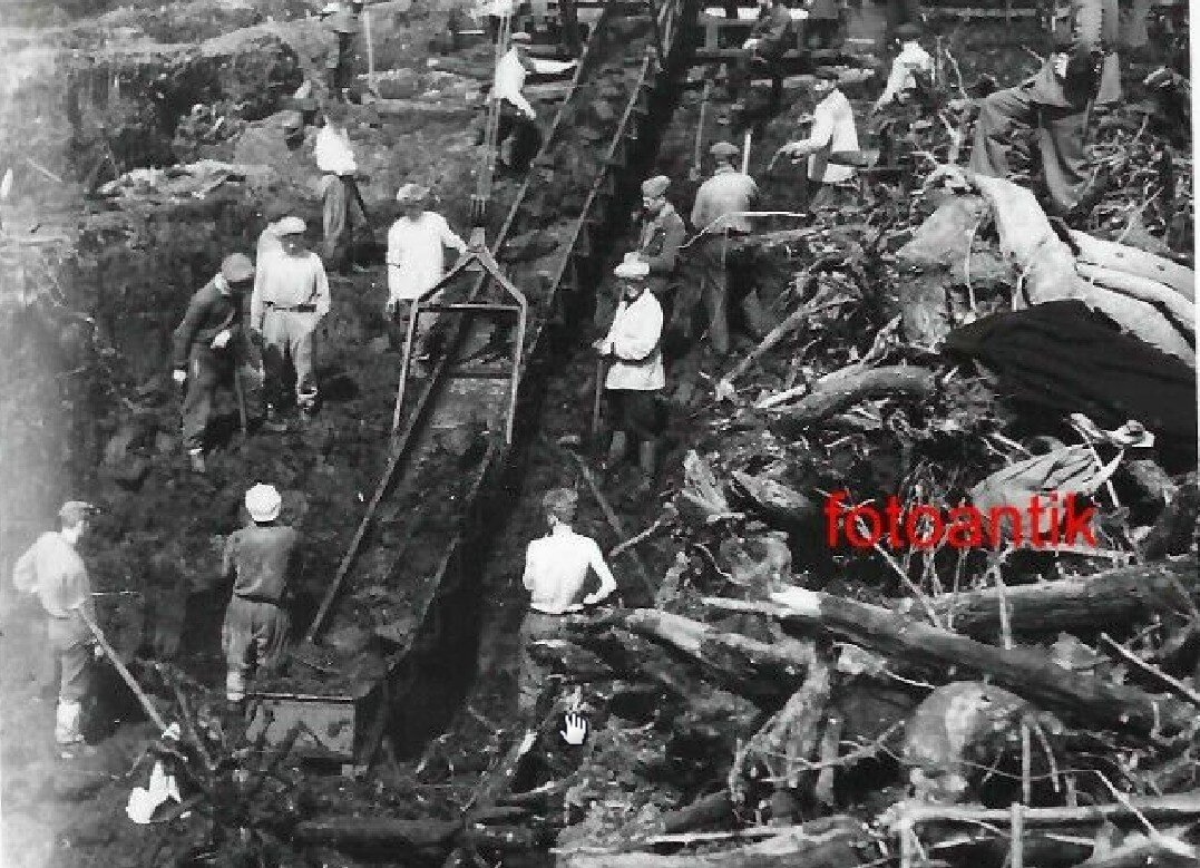 Справа куча веток и палок после раскорчевки и очистки залежи торфа. Много гражданских. 