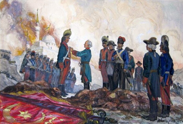 Генерал-аншеф Александр Суворов награждает воинов после штурма Измаила. Картина художника Николая Кочергина, 1950 год