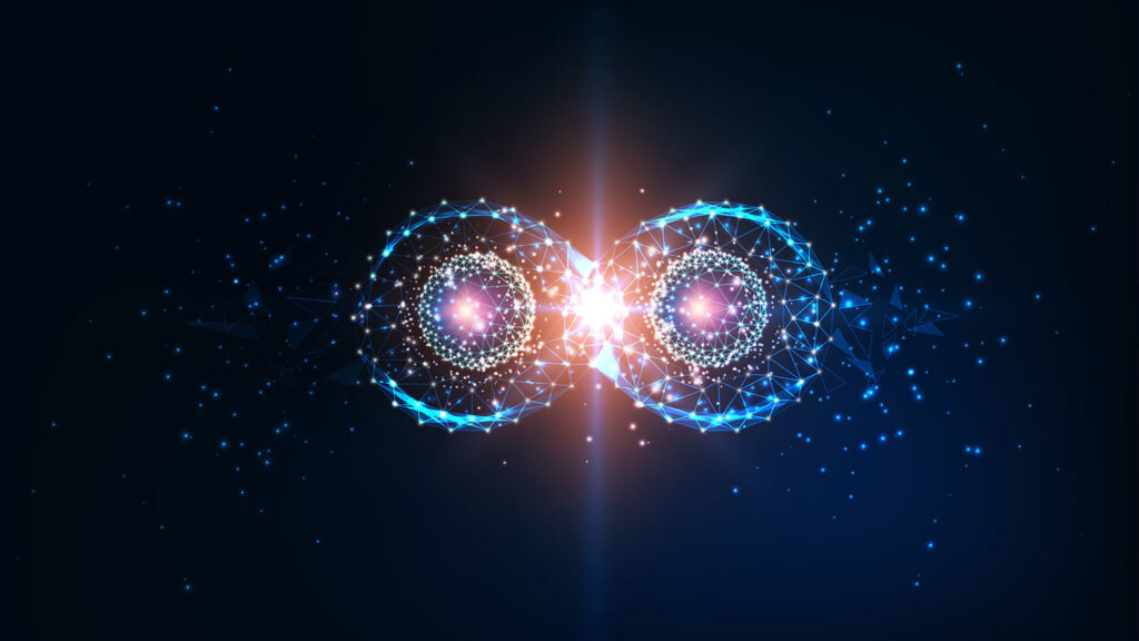    Futuristic glowing low polygonal infinity loop with atom coherence models. Quantum entanglement, future physics science concept. Modern wire frame mesh design vector illustration. Александр Шереметьев