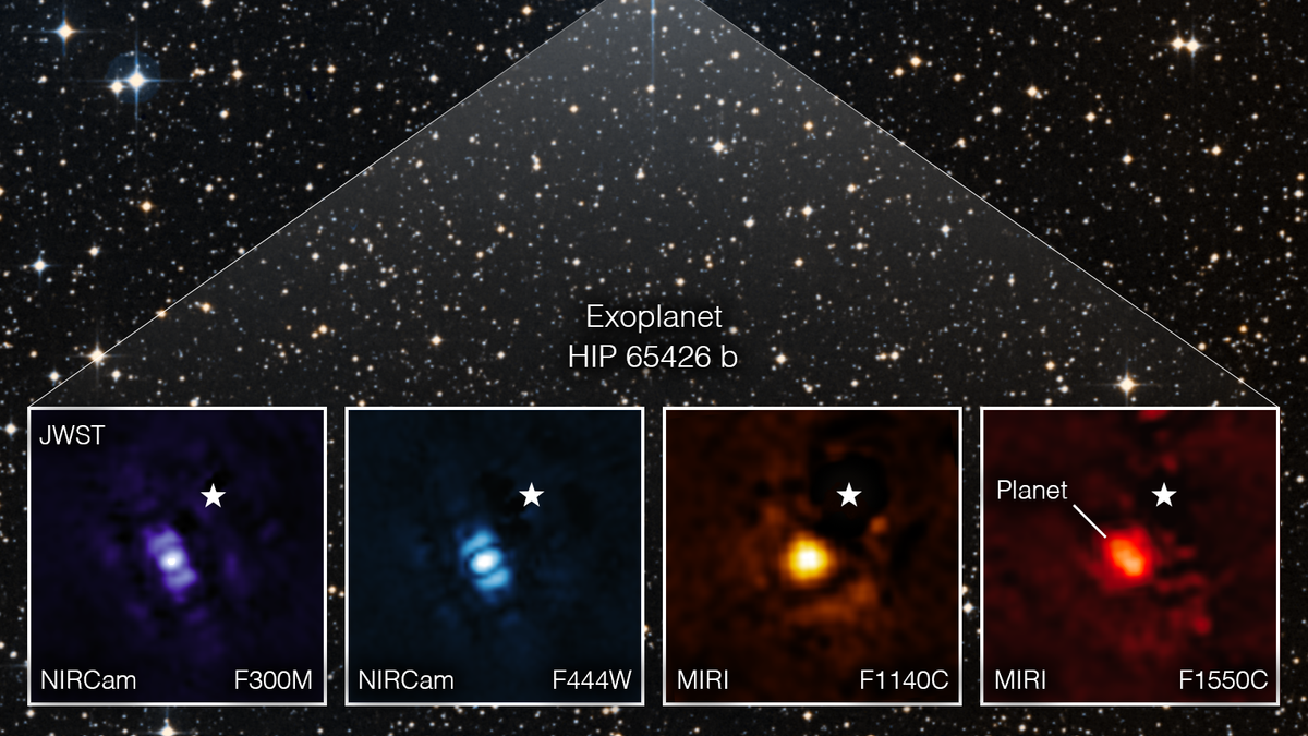    Снимок экзопланеты HIP 65426 b в разных диапазонах инфракрасного света, сделанный телескопом Джеймс Уэбб© NASA / ESA/CSA, A Carter (UCSC), the ERS 1386 team, and A. Pagan (STScI)