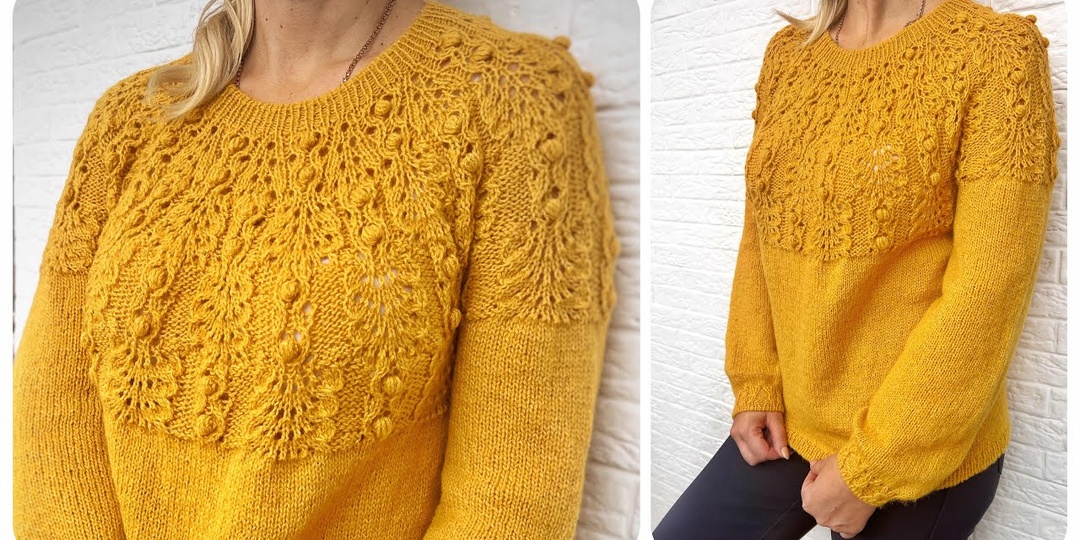 Шикарный ажурный джемпер спицами с круглой кокеткой!