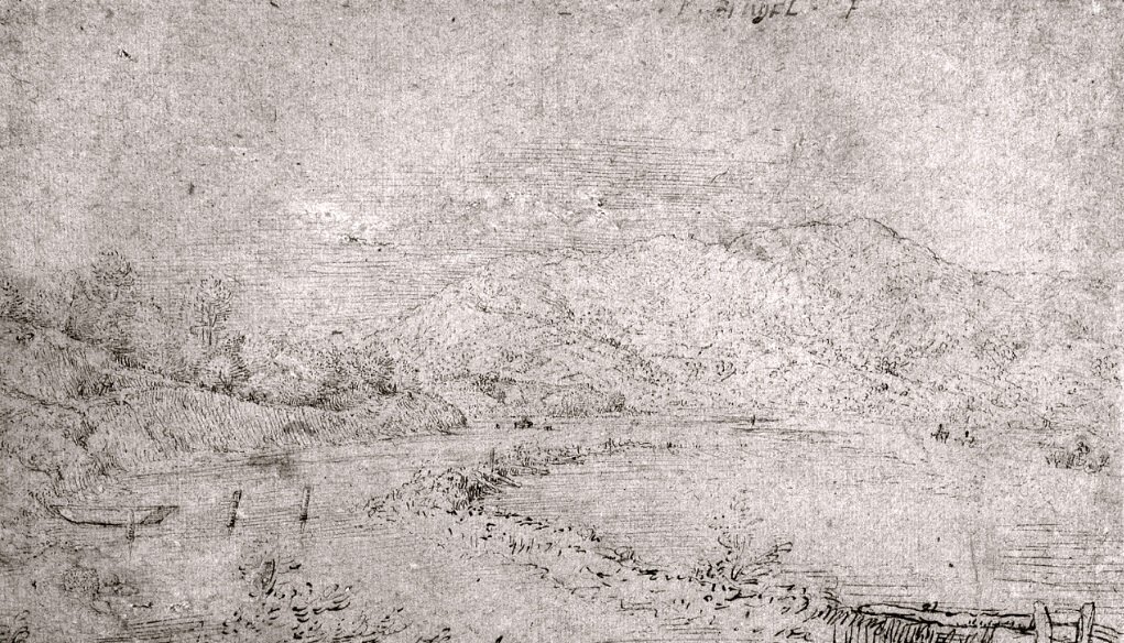 Речной пейзаж. 1552. Перо, коричневая тушь, голубая бумага. 17,6 х 26,4 см. Лувр, Кабинет рисунков. Париж.