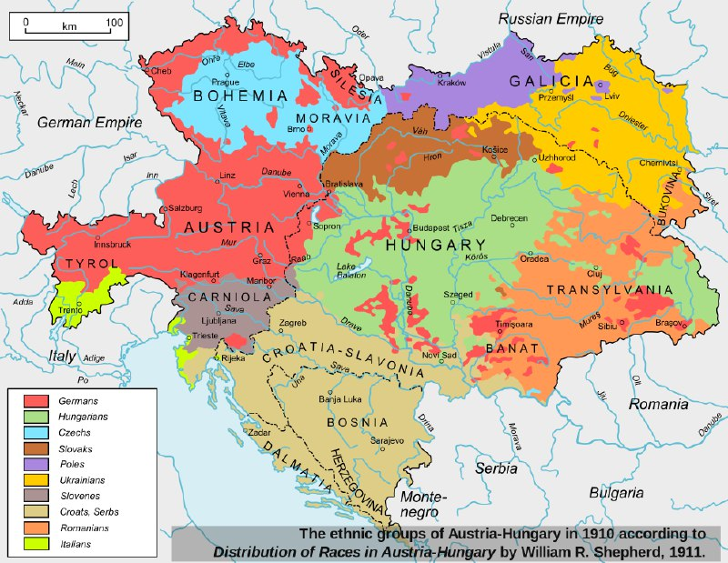  Национальный состав Австро-венгерской империи 1910 год. 
Я бы добавил еще евреев - их, конечно, было очень мало, но они оказывали немаленькое влияние на жизнь империи.