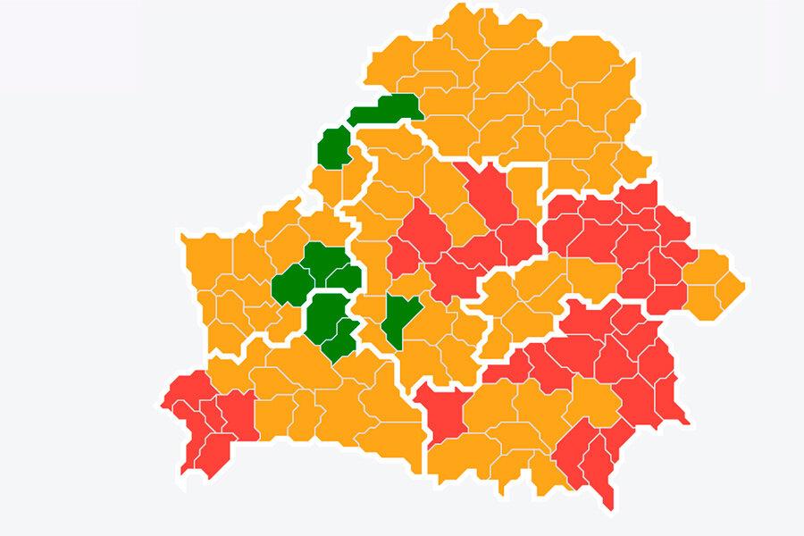    Зеленый – посещение разрешено | Желтый – посещение ограничено | Красный – посещение запрещено Скриншот: Минлесхоз