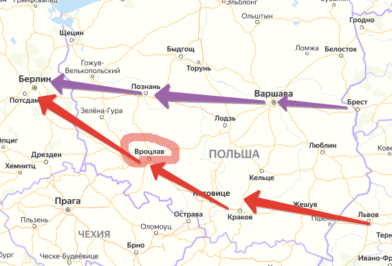 Два пути к Берлину: фиолетовым Первый Белорусский фронт, красным - Первый Украинский. Создано на основе Яндекс-Карт